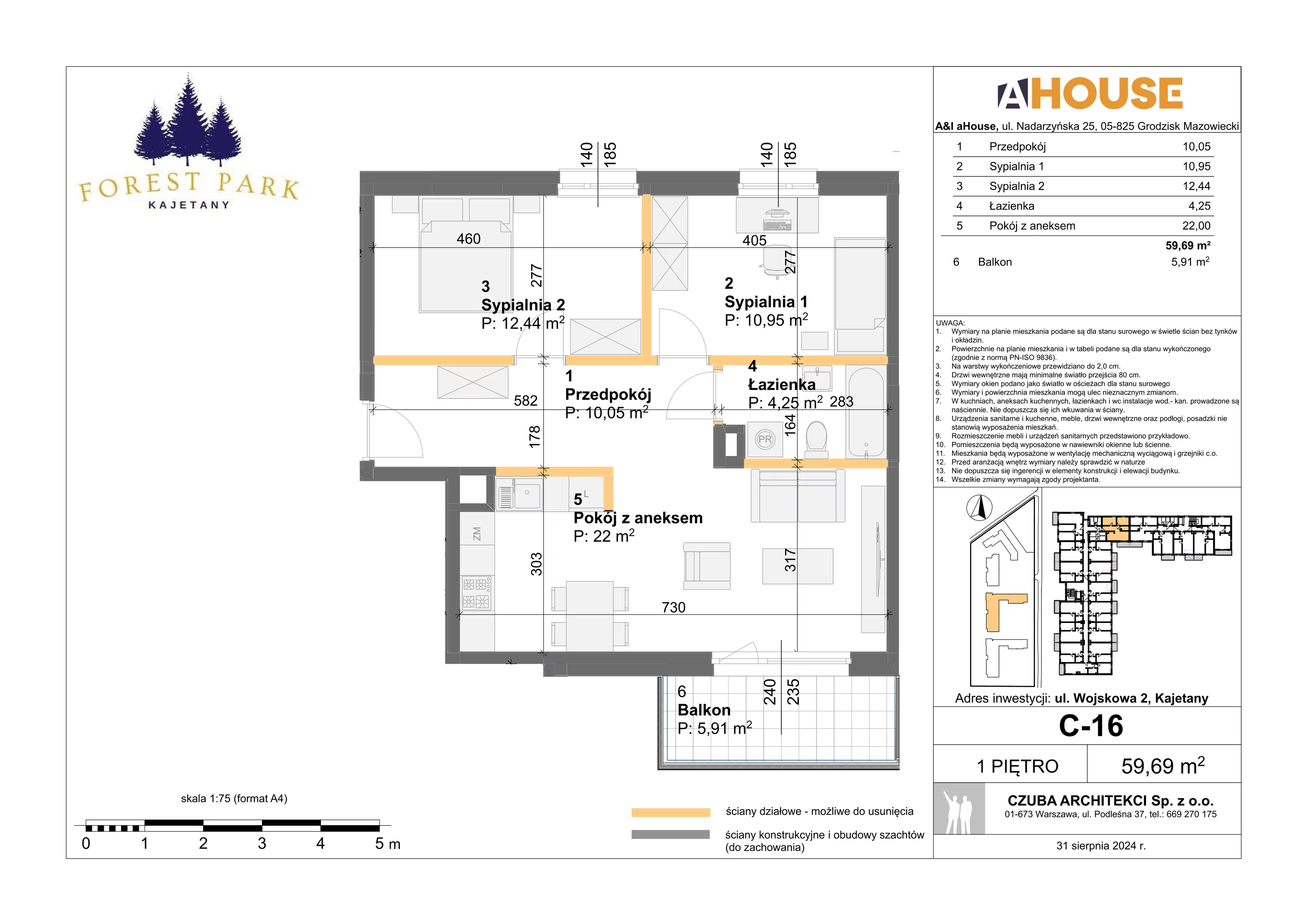 3 pokoje, mieszkanie 59,69 m², piętro 1, oferta nr C-16, Forest Park Kajetany, Kajetany, ul. Wojskowa 2